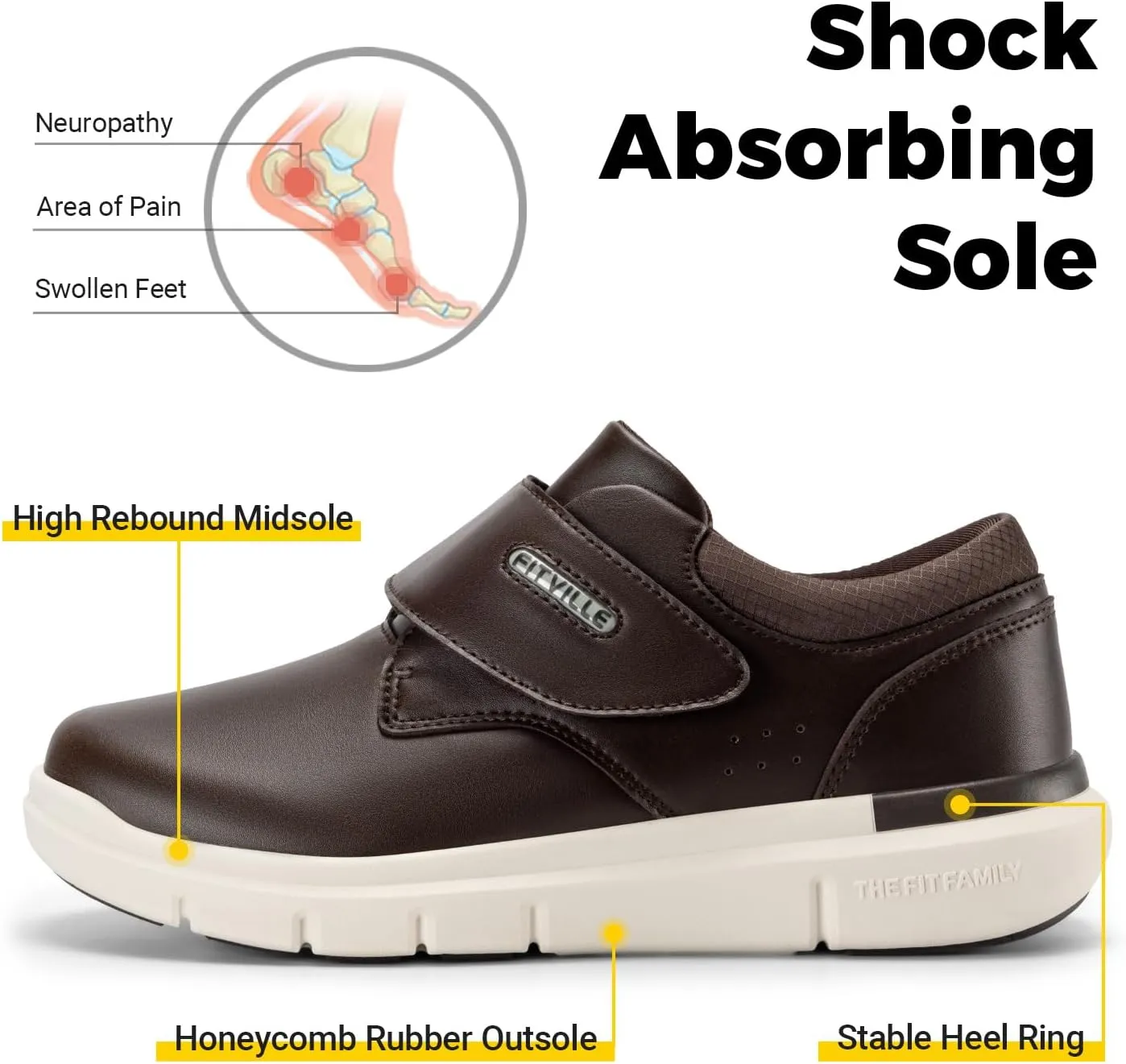 FitVille Diabetic Shoes for Men Extra Wide Slip-on Walking Shoes for Edema Hook & Loop Recovery Leather Oxford Shoes for Swollen Feet
