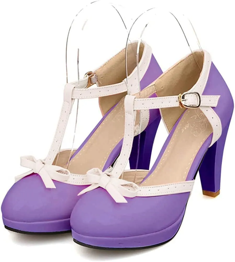 ForeMode Bow Mary Jane Shoes High Heels Closed Round Toe Pumps Leather Summer Sweet Shoe