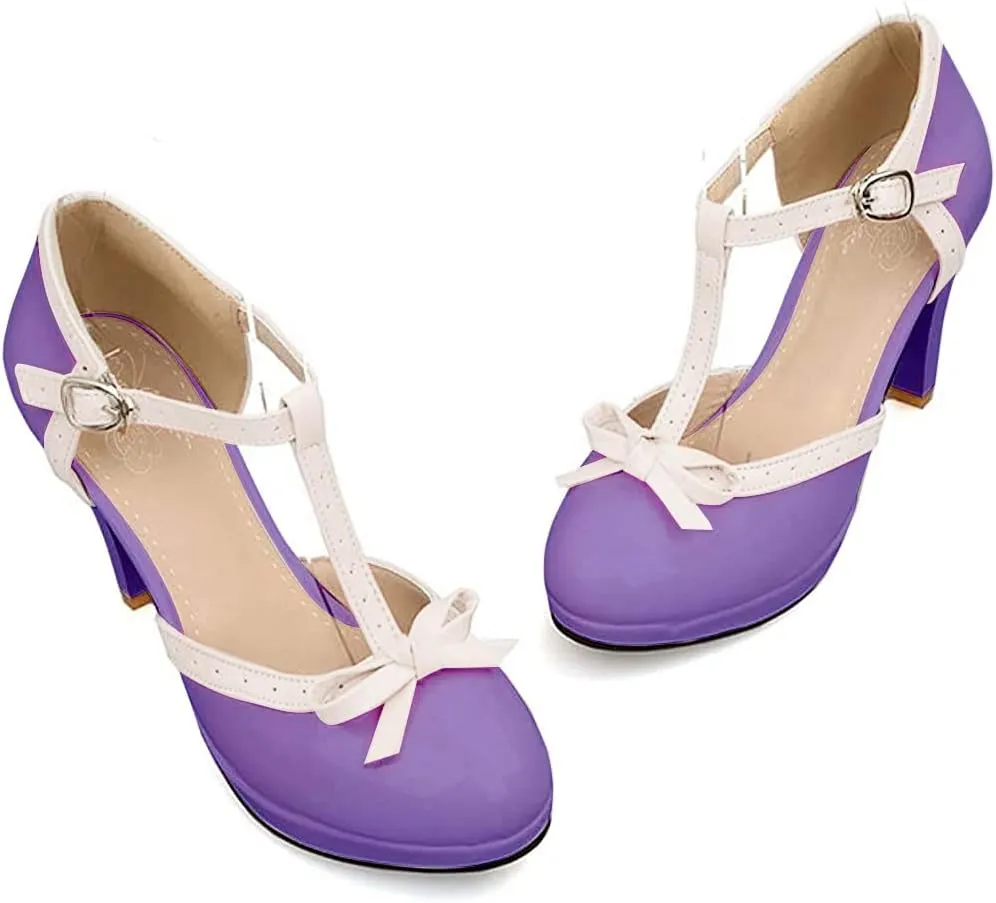 ForeMode Bow Mary Jane Shoes High Heels Closed Round Toe Pumps Leather Summer Sweet Shoe