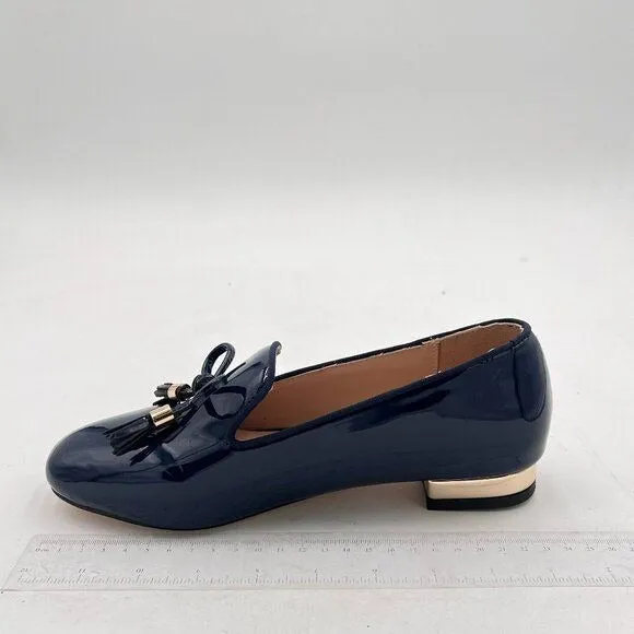 FOWT Blue Cute Bow Knot Almond Toe Loafer Golden Low Chunky Heel Lace Up Pumps