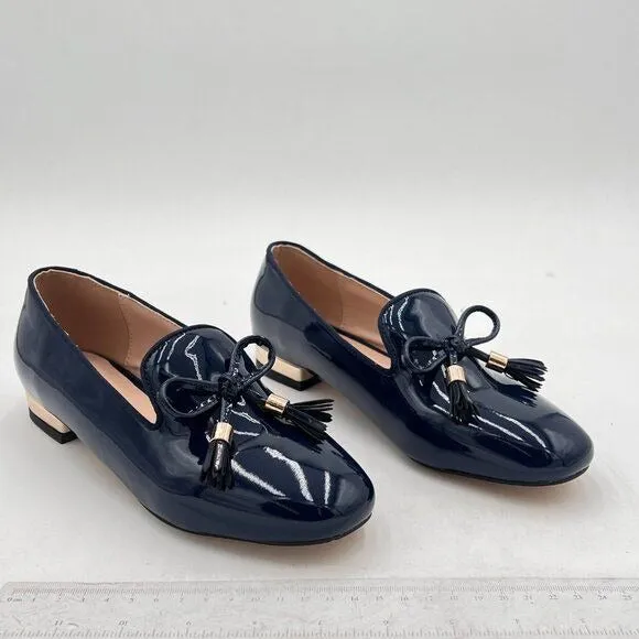 FOWT Blue Cute Bow Knot Almond Toe Loafer Golden Low Chunky Heel Lace Up Pumps