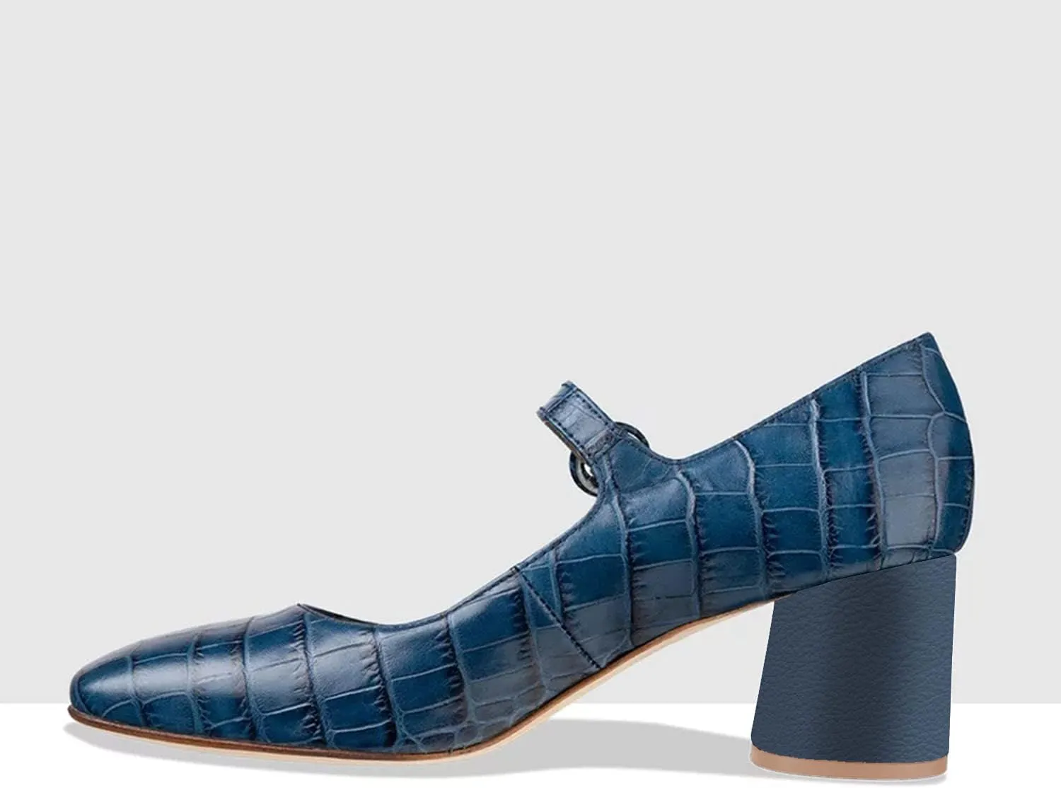 FOWT Crocodile Pattern Mary Jane Shoes for Women Snake Skin Mary Jane Pumps Ankle Buckle Straps Pump Square Toe Chunky Heels Uniform Dress Lolita Shoes Party, Blue Size 4-16