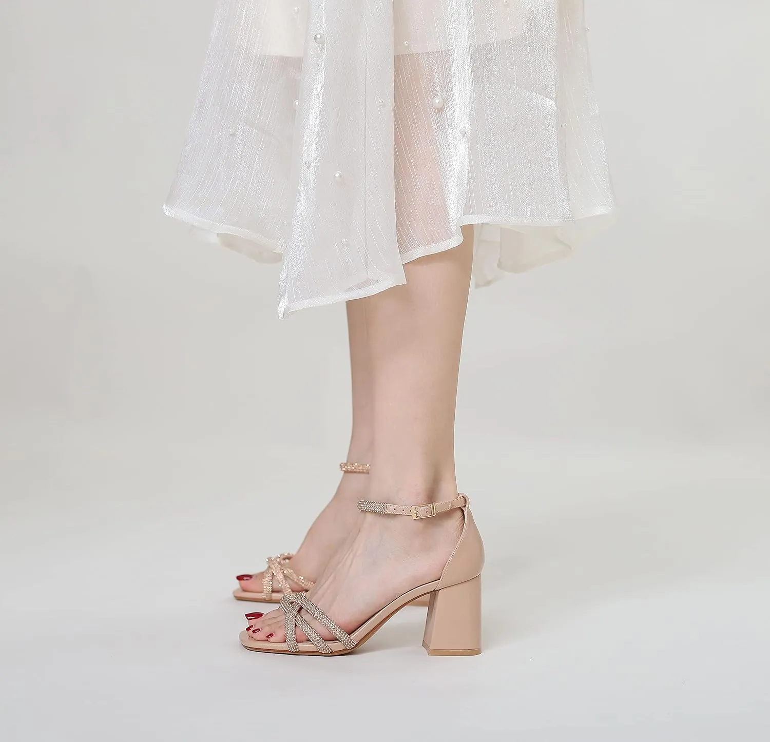FRALOSHA Heel Sandals for Women Chunky heels Ankle Strap Open Toe high heels Summer Dress Heeled Sandal Wedding Shoes