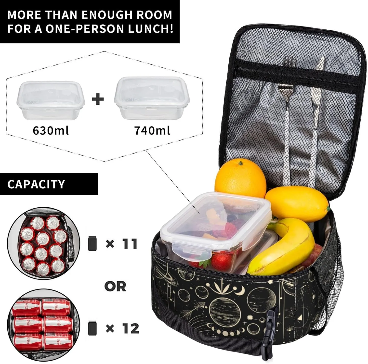 FREEHOTU Moon Phase Lunch Bag Double Insulated Leakproof Lunch Box Tote Bag Cooler Lunch Organizer for Work Picnic Travel Camping