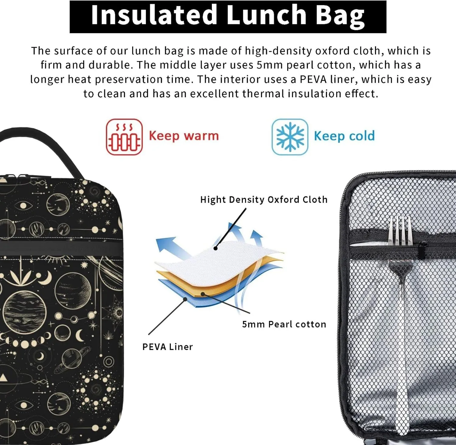 FREEHOTU Moon Phase Lunch Bag Double Insulated Leakproof Lunch Box Tote Bag Cooler Lunch Organizer for Work Picnic Travel Camping