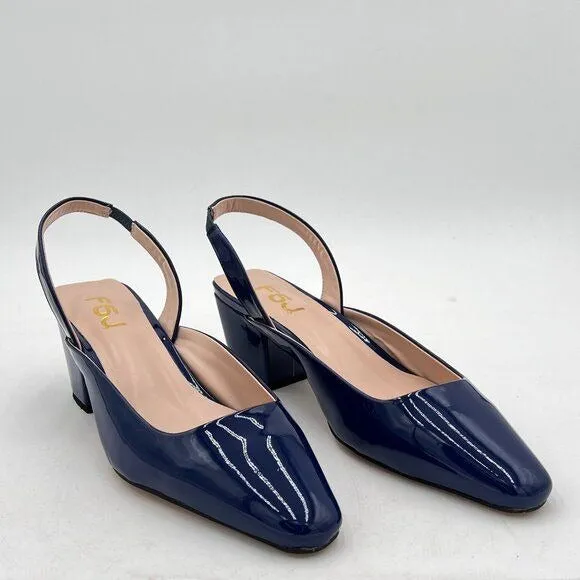FSJ Blue Women Retro Square Toe Slingback Sandals Comfortable Low Block Heel