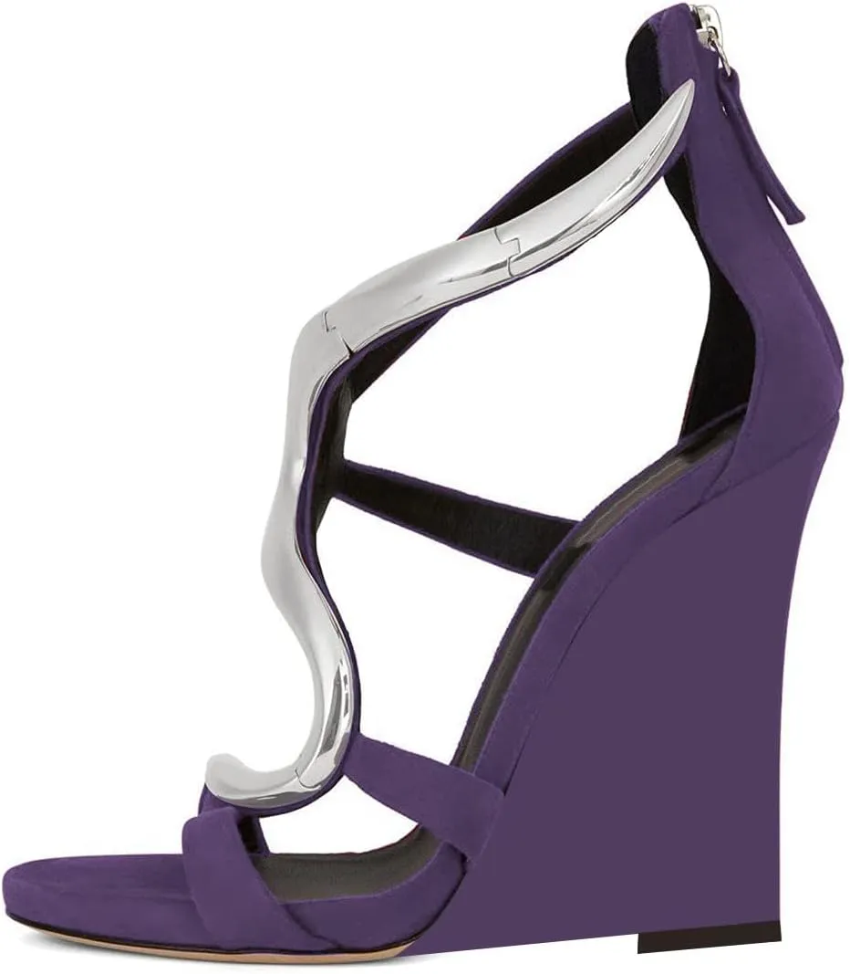 FSJ Women Open Toe Wedge Heel Sandals Metallic S Embellishment Back Zipper Strappy Party Prom Evening Shoes Size 4-16 US
