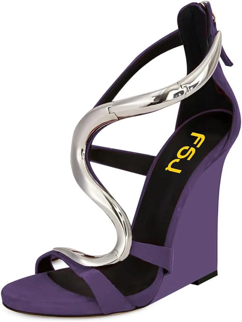 FSJ Women Open Toe Wedge Heel Sandals Metallic S Embellishment Back Zipper Strappy Party Prom Evening Shoes Size 4-16 US