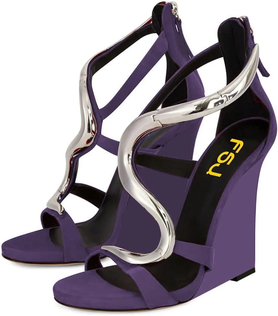 FSJ Women Open Toe Wedge Heel Sandals Metallic S Embellishment Back Zipper Strappy Party Prom Evening Shoes Size 4-16 US