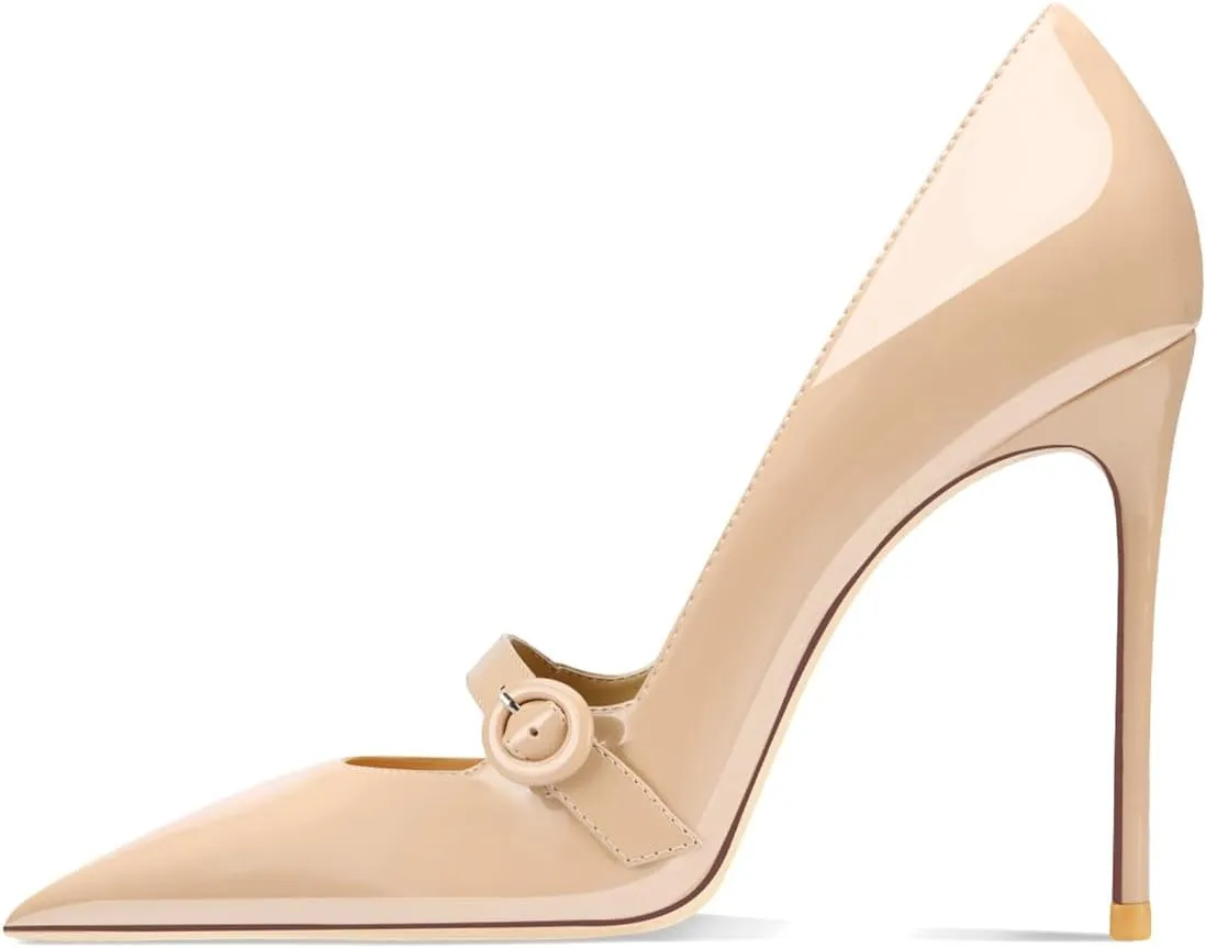 FYS Women's Pointed Toe Buckle Ankle Strap Mary Jane Pump Sexy Stiletto High Heels Party Dress Wedding Shoes Size 4-16 US