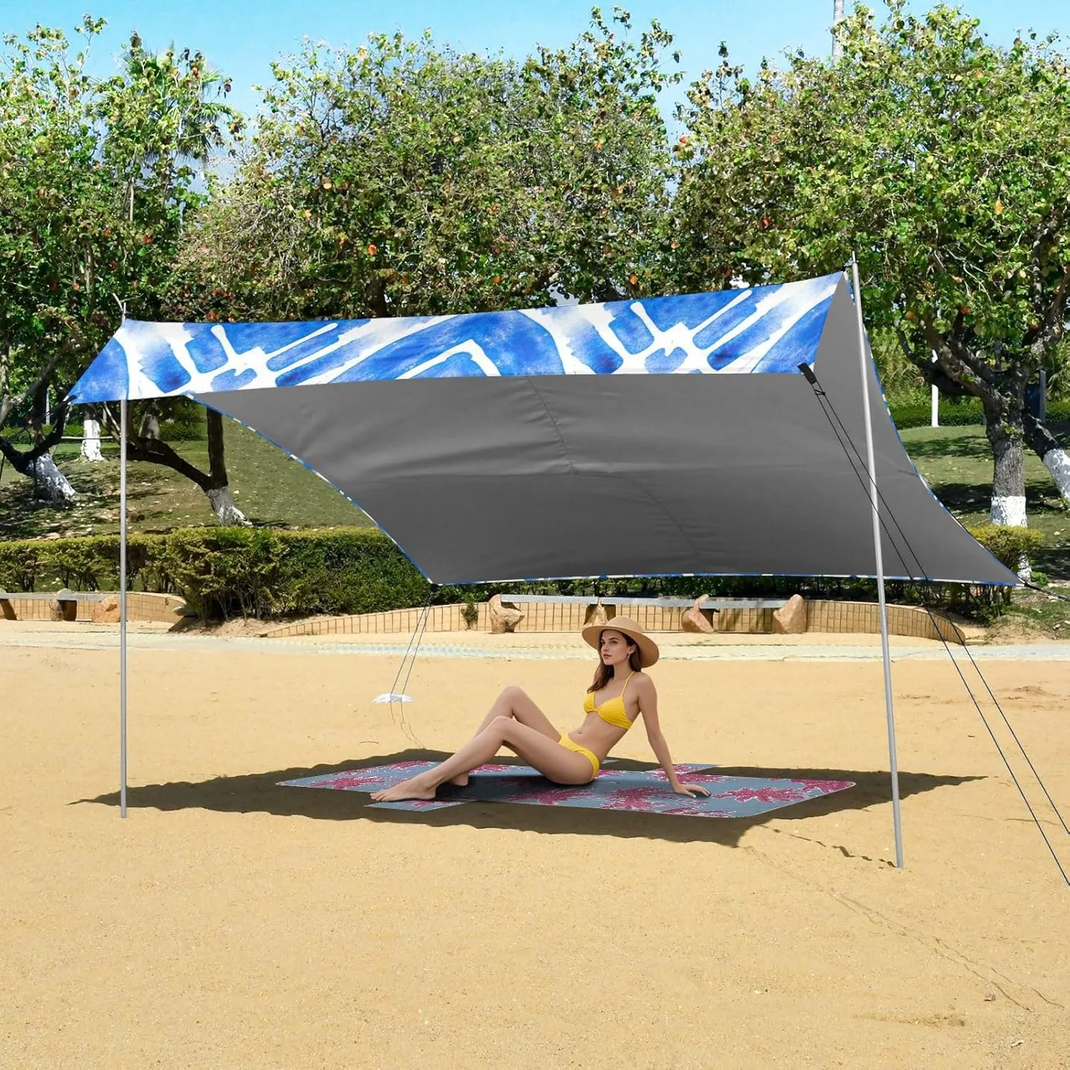 Geometry Shades Blue Canopy Beach Tent Outdoor Patio Shade Cute Picnic Sand Camping Sun Shelter 9.2 × 10.5 FT Canopies with Sandbags Anchor