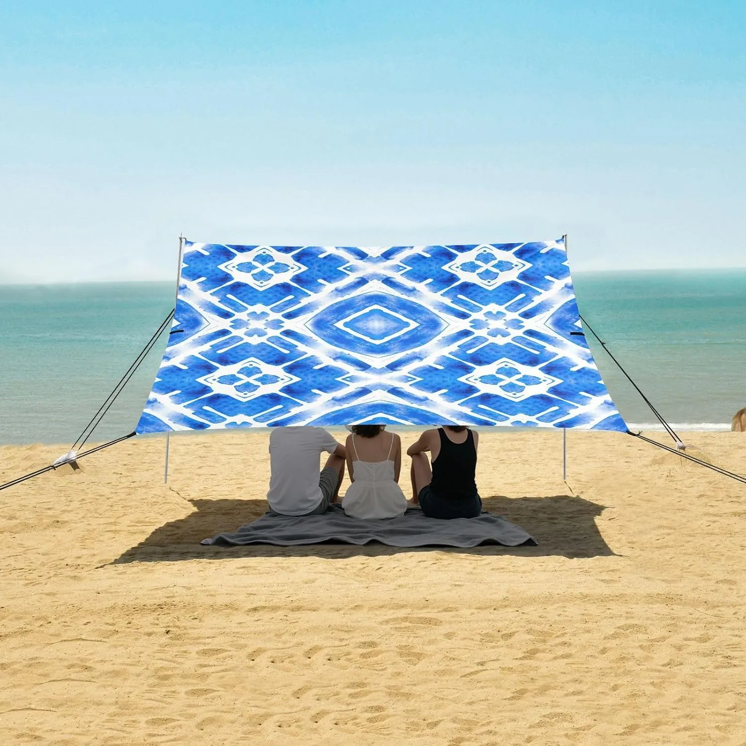 Geometry Shades Blue Canopy Beach Tent Outdoor Patio Shade Cute Picnic Sand Camping Sun Shelter 9.2 × 10.5 FT Canopies with Sandbags Anchor