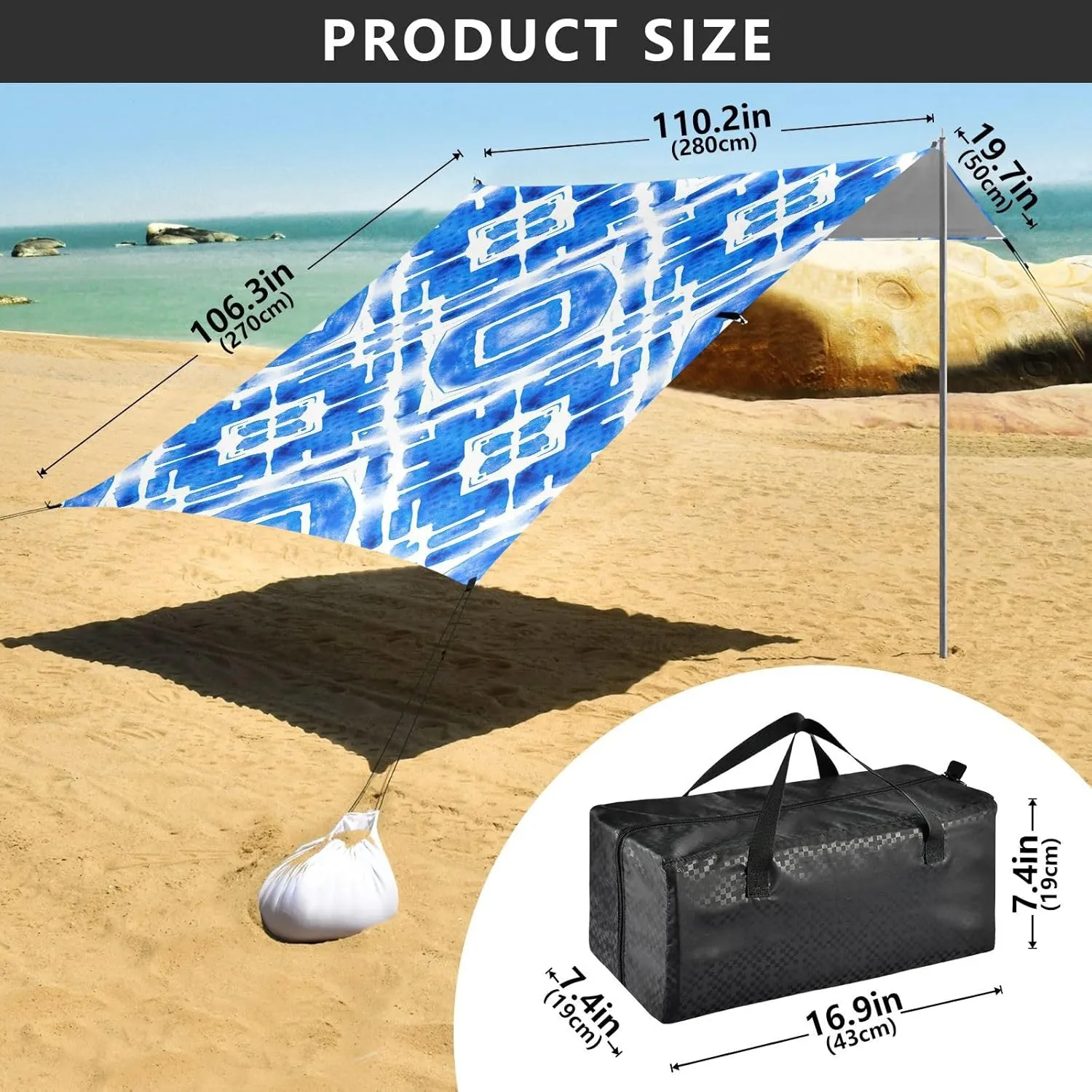 Geometry Shades Blue Canopy Beach Tent Outdoor Patio Shade Cute Picnic Sand Camping Sun Shelter 9.2 × 10.5 FT Canopies with Sandbags Anchor
