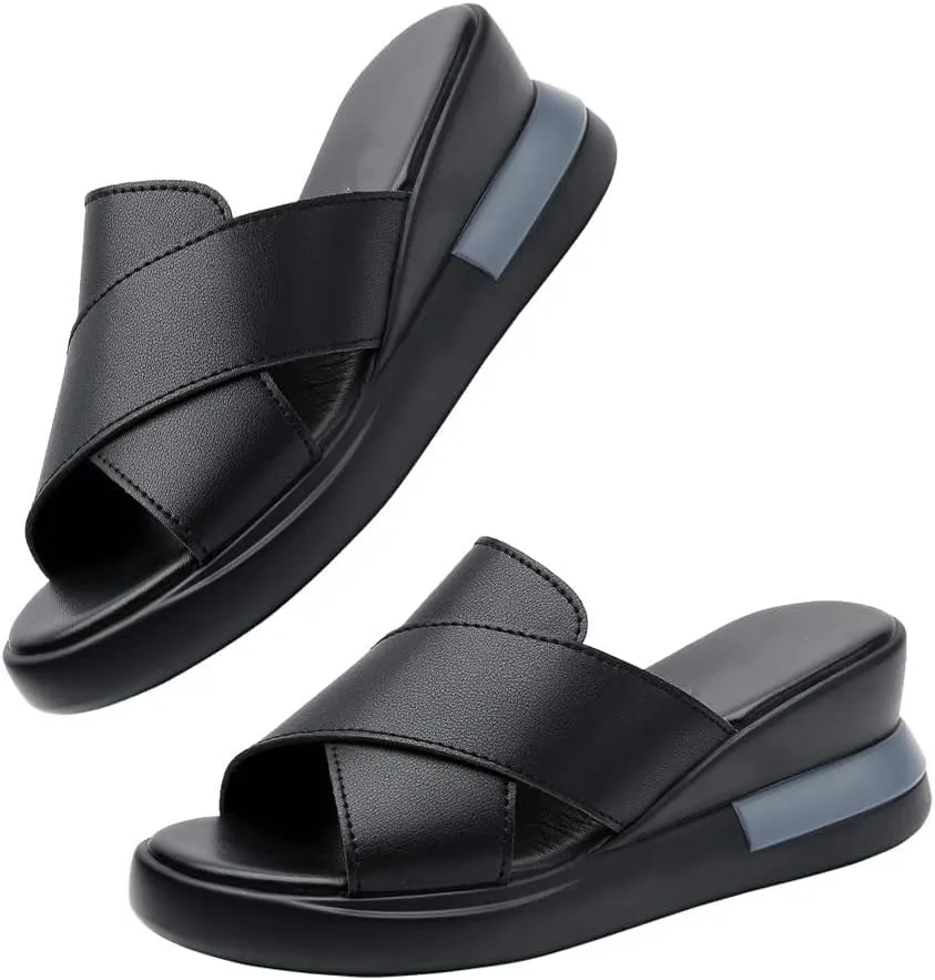 GEXECEUSS Womens Wedge Sandals Slope Heel Thick Bottom Slip On Slippers Non Slip Vintage Open Toe Sandals for Street Work School Beach