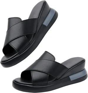 GEXECEUSS Womens Wedge Sandals Slope Heel Thick Bottom Slip On Slippers Non Slip Vintage Open Toe Sandals for Street Work School Beach