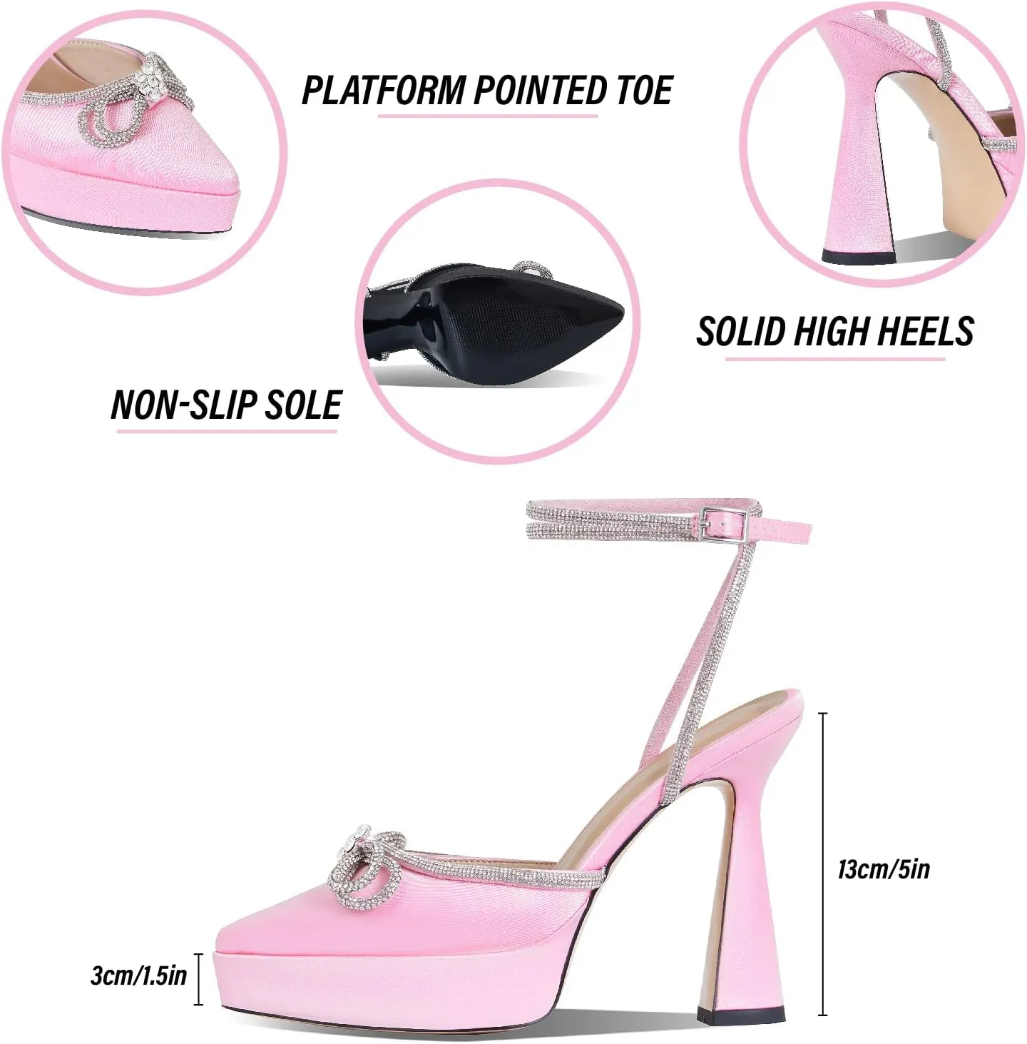 Goiphrri Platform Ankle Strap High Heeled Lace Up Pumps Sandals Ankle Buckle Straps Pump Rhinestone Stilettos Bowknots Wedding Sandals