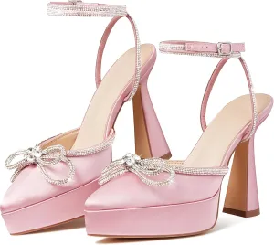 Goiphrri Platform Ankle Strap High Heeled Lace Up Pumps Sandals Ankle Buckle Straps Pump Rhinestone Stilettos Bowknots Wedding Sandals