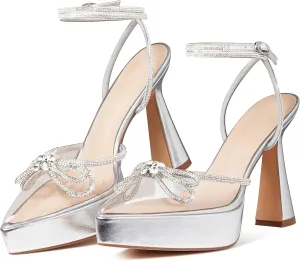Goiphrri Platform Ankle Strap High Heeled Lace Up Pumps Sandals Ankle Buckle Straps Pump Rhinestone Stilettos Bowknots Wedding Sandals