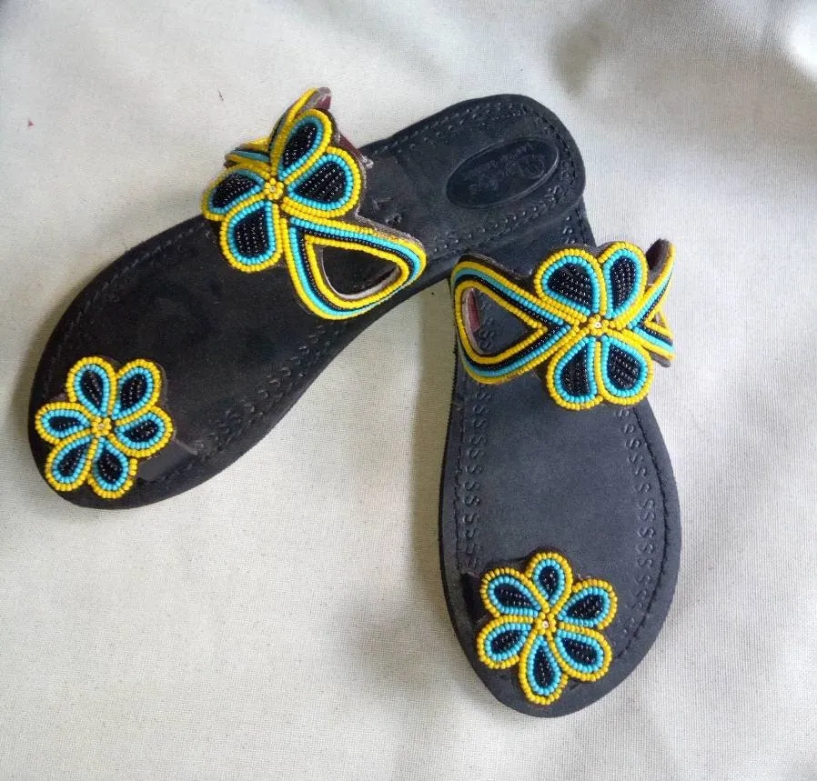 Handmade African Beaded Sandals/Authentic Maasai-Style Leather Flip-Flops Women/Boho Beach Sandals/Comfortable Summer Sandal African Gifts