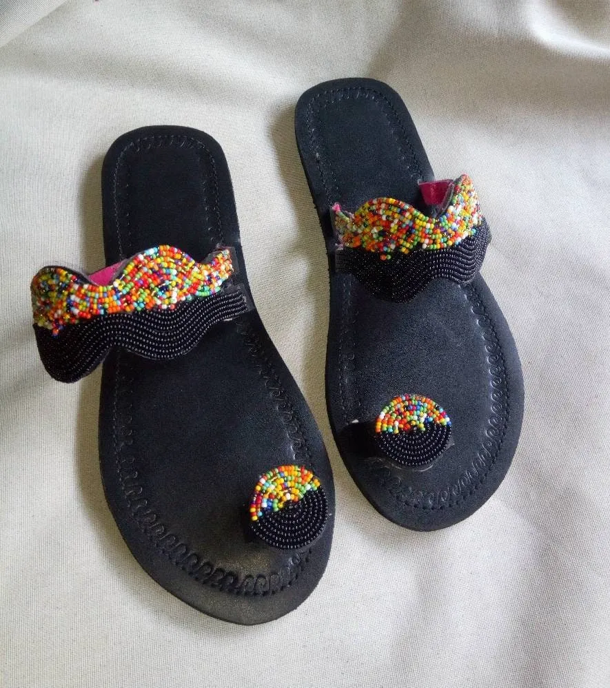Handmade African Beaded Sandals/Authentic Maasai-Style Leather Flip-Flops Women/Boho Beach Sandals/Comfortable Summer Sandal African Gifts