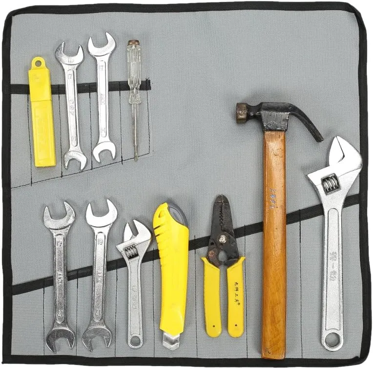 Heavy Duty Oxford Tool Roll Pouch Wrench Holder Organizer Bag With 12 Pockets Set Of 4(HGJ73) (Grey)