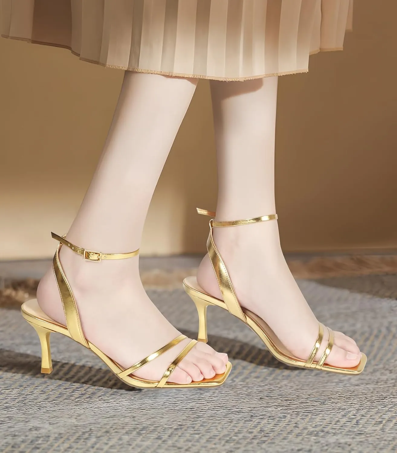 Heels Charm Women's Stiletto Heeled Sandals 2.95 Inches Open Toe Square Toe Two Straps Ankle Strap Strappy High Heel Sandal Dress Dancing Sandals Daily Work Party Wedding Shoes