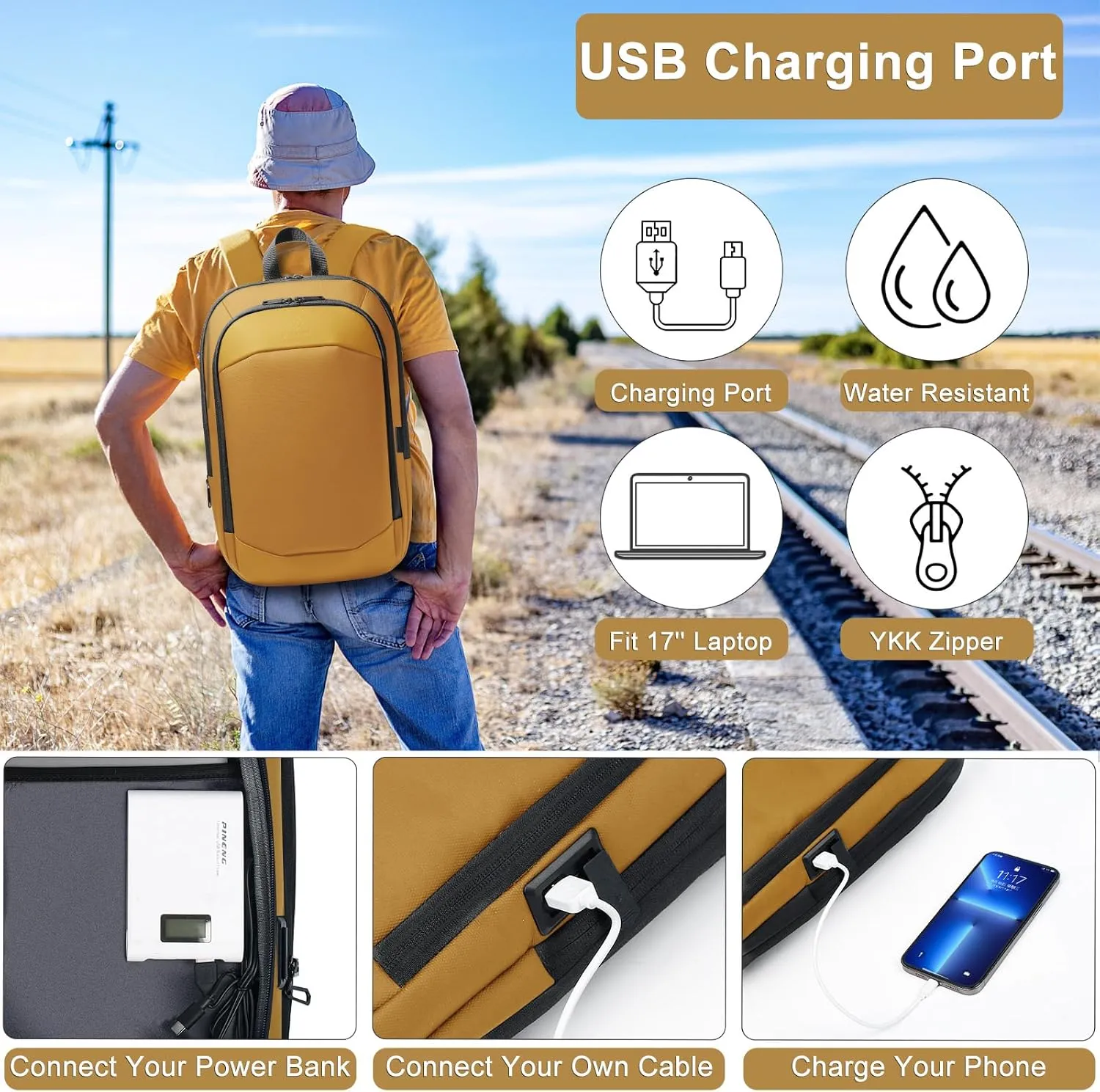 hk Business Backpack for Men 17 Inch,Slim & Expandable Waterproof Travel Laptop Backpack with USB Charger Port (Yellow)