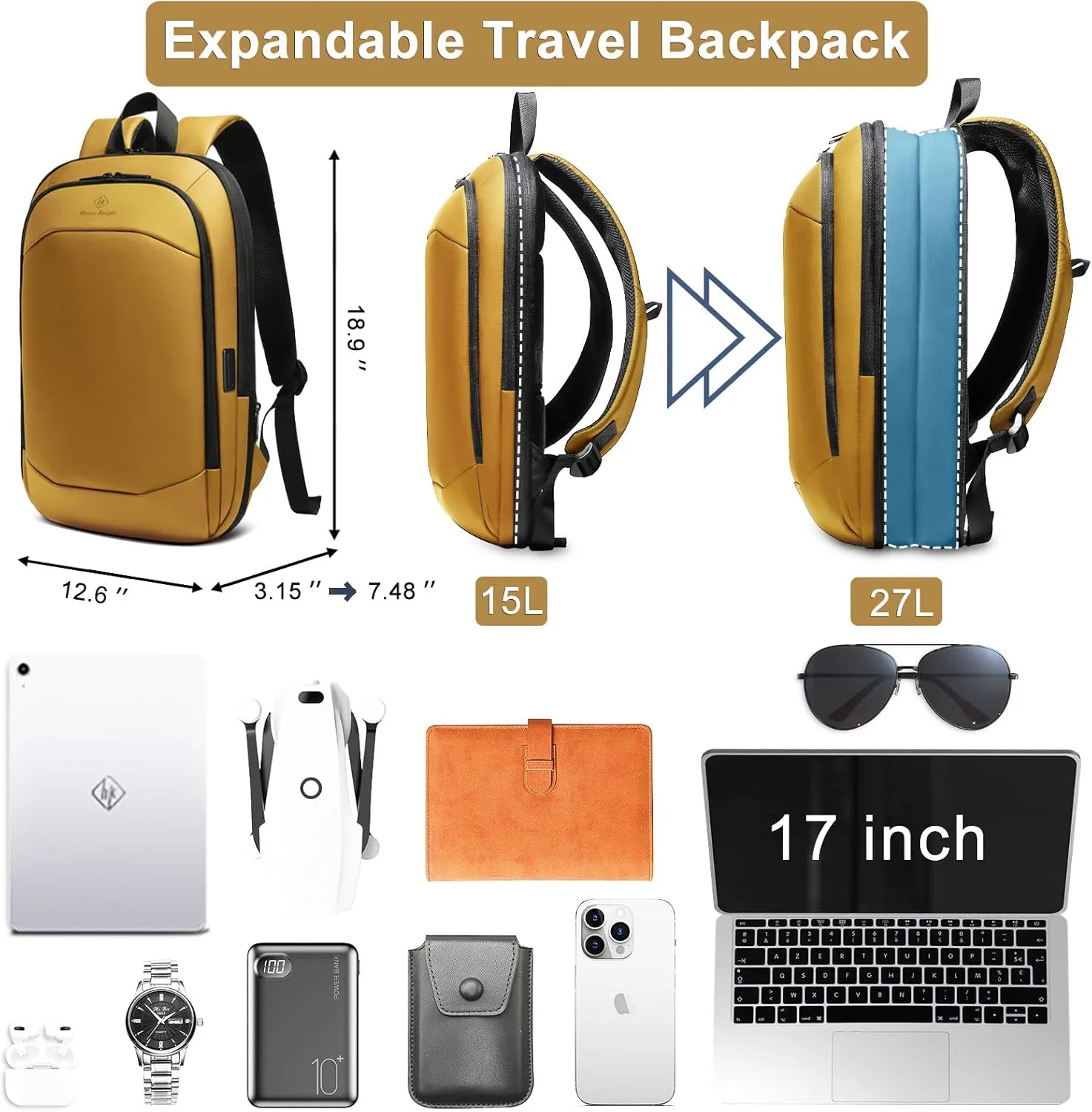 hk Business Backpack for Men 17 Inch,Slim & Expandable Waterproof Travel Laptop Backpack with USB Charger Port (Yellow)