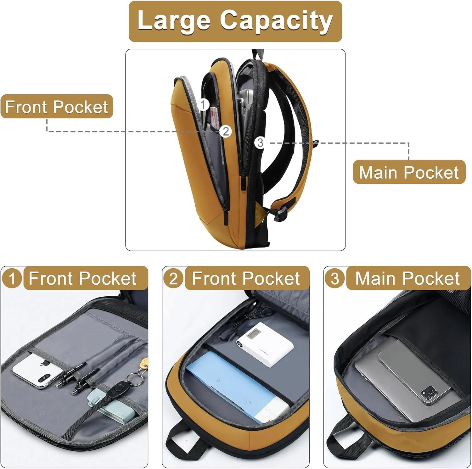 hk Business Backpack for Men 17 Inch,Slim & Expandable Waterproof Travel Laptop Backpack with USB Charger Port (Yellow)