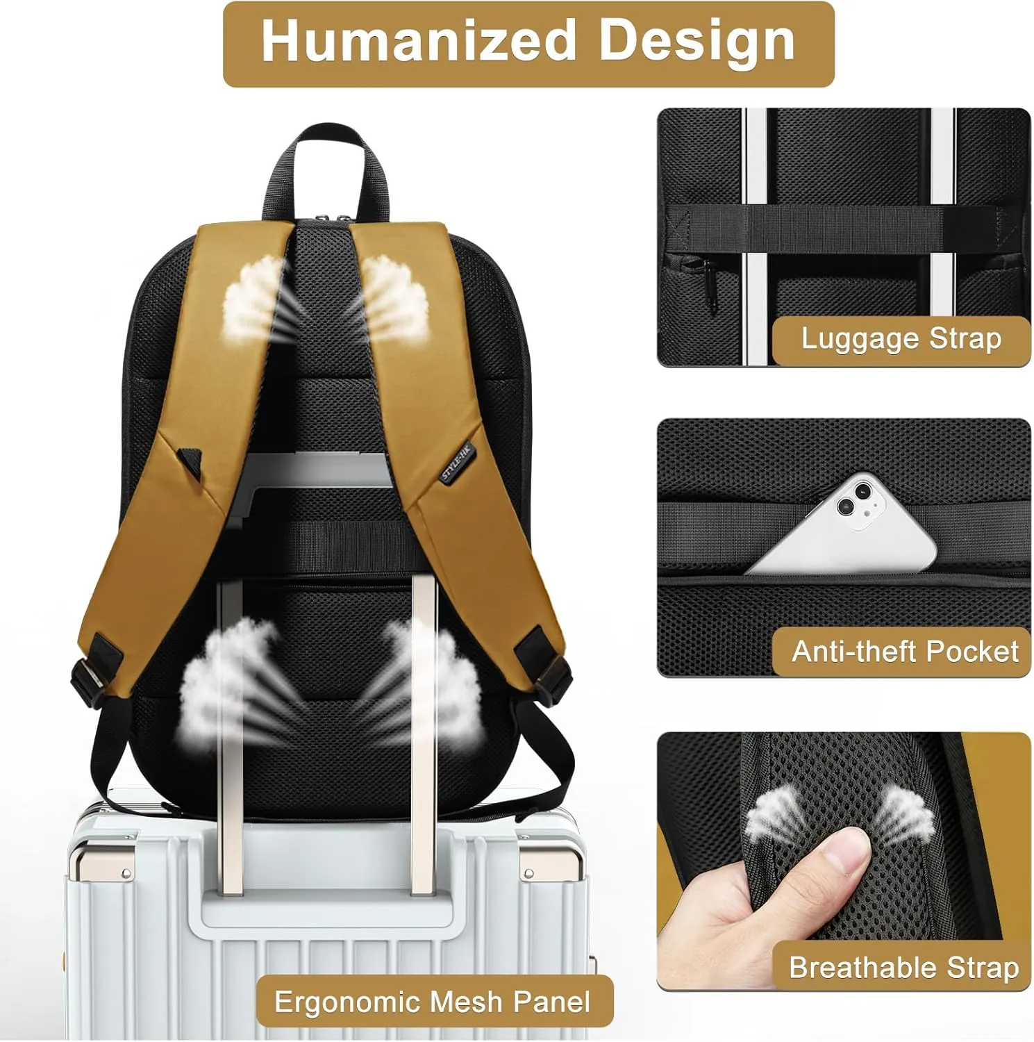 hk Business Backpack for Men 17 Inch,Slim & Expandable Waterproof Travel Laptop Backpack with USB Charger Port (Yellow)