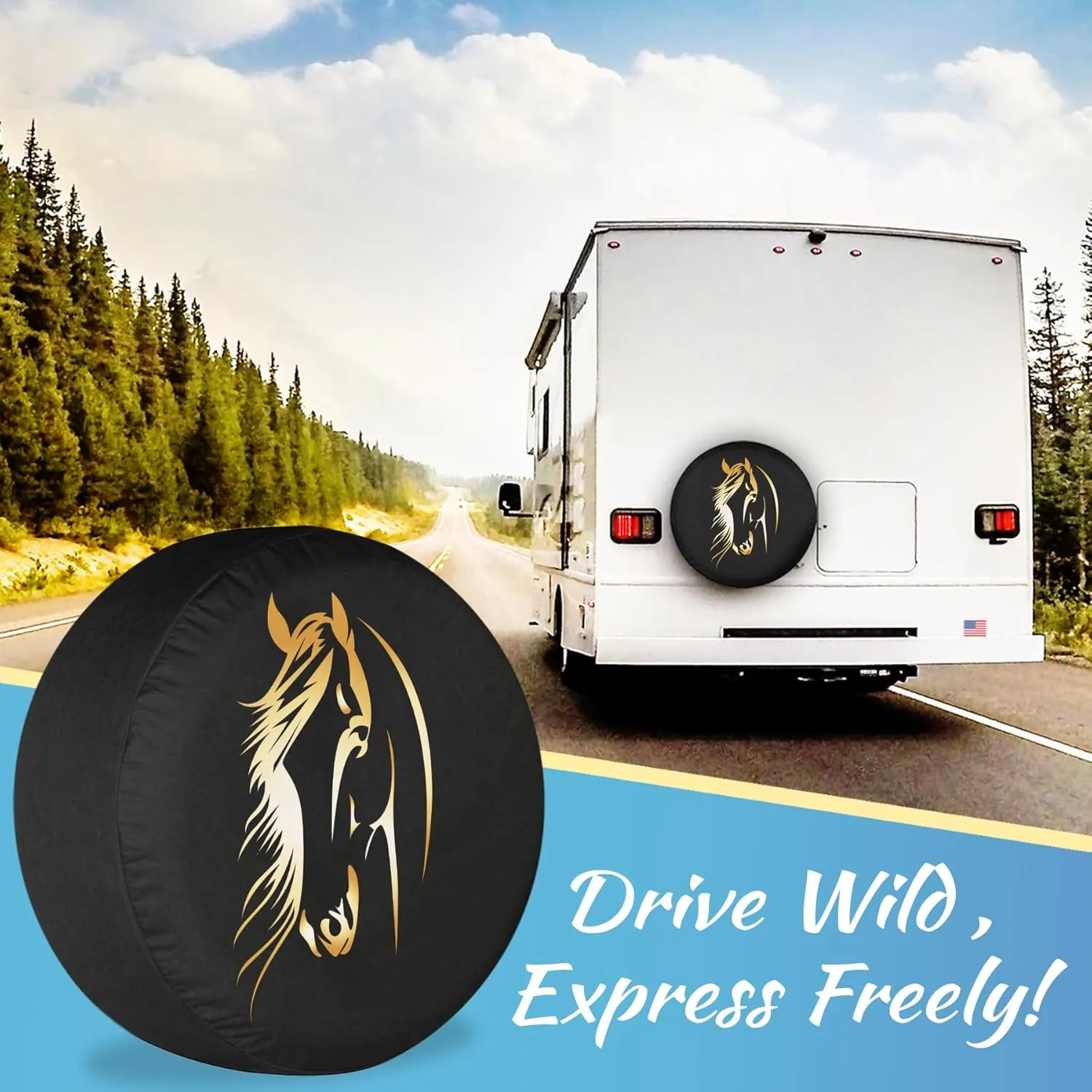 Horse Head Abstract Spare Tire Cover – Oxford Fabric Camper Van Accessories with Weatherproof, UV-Resistant Protection for RVs, SUV Wilderness Journey - 14 Inch