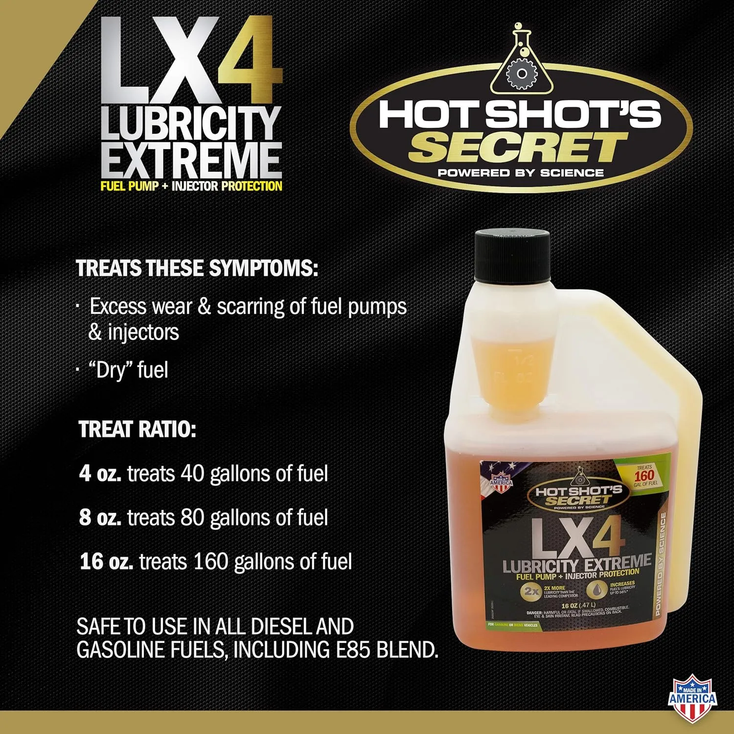 Hot Shot's Secret LX4 Lubricity Extreme – 16 Fl Oz - Fuel System Protection – Lubricates and Protects Fuel Pump and Injectors – Prevents Wear and Damage – For Gasoline or Diesel Engines