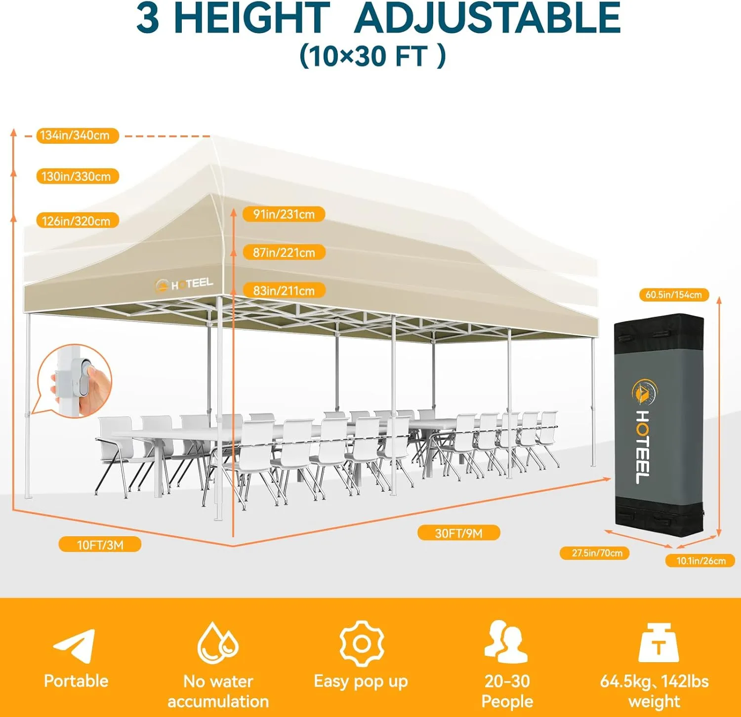Hoteel 10x30 Pop Up Canopy Tent Heavy Duty with 8 Sidewalls, Waterproof & Flame-Resistant (CPAI-84), Easy Set-up Commercial Instant Tent with Hand Bag, Rope & Nail, Hexagonal Leg (1-Year Warranty)