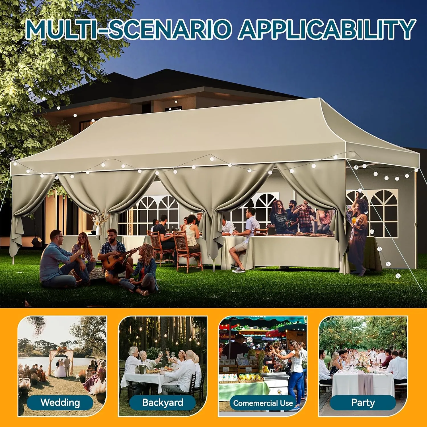 Hoteel 10x30 Pop Up Canopy Tent Heavy Duty with 8 Sidewalls, Waterproof & Flame-Resistant (CPAI-84), Easy Set-up Commercial Instant Tent with Hand Bag, Rope & Nail, Hexagonal Leg (1-Year Warranty)
