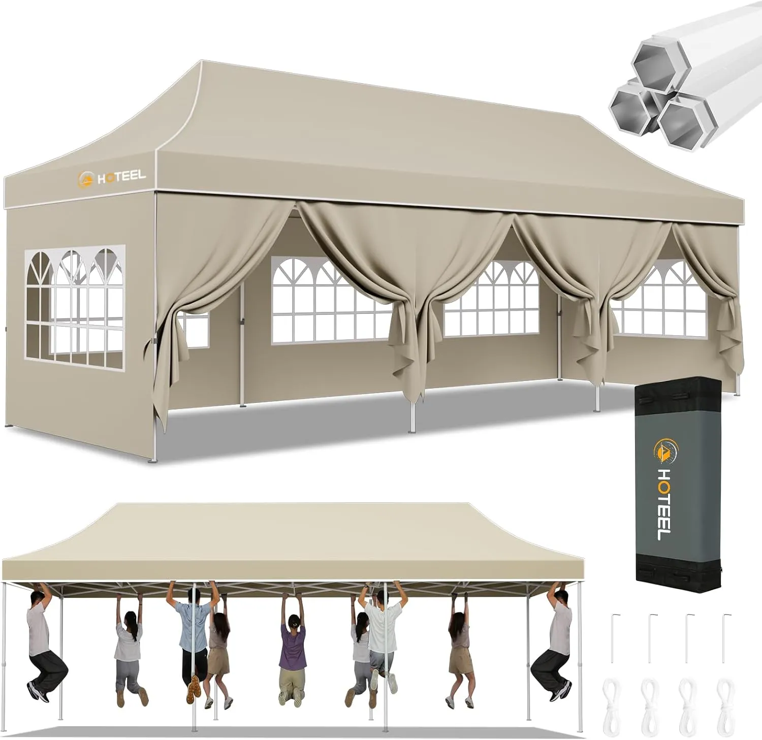 Hoteel 10x30 Pop Up Canopy Tent Heavy Duty with 8 Sidewalls, Waterproof & Flame-Resistant (CPAI-84), Easy Set-up Commercial Instant Tent with Hand Bag, Rope & Nail, Hexagonal Leg (1-Year Warranty)