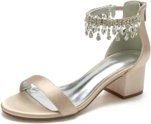 Hyinlays Block Heels Wedding Chunky Sandals for Women Crystal Shoes Low Heel Comfortable Pump for Prom Party