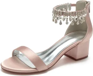 Hyinlays Block Heels Wedding Chunky Sandals for Women Crystal Shoes Low Heel Comfortable Pump for Prom Party
