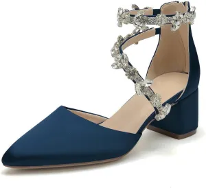 Hyinlays Women's Closed Pointed Toe Block Heel Satin Crystal Wedding Pump Shoes Chunky Low Heel Bridal Prom Heels Sandals