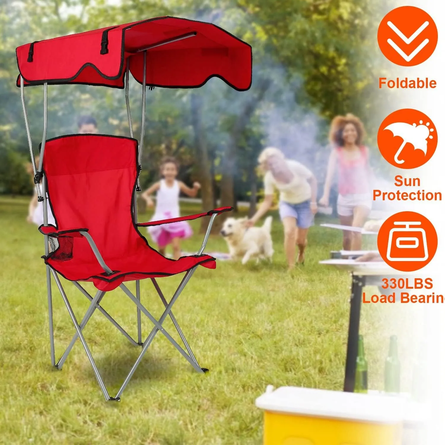 iMounTEK Camp Chair Foldable Canopy Camp Chair with Shade Sun Protection Camping Recliner with Carry Bag Support 330LBS Load Folding Seat with Cup Holder for Fishing/Beach/Travel/Picnic(Red