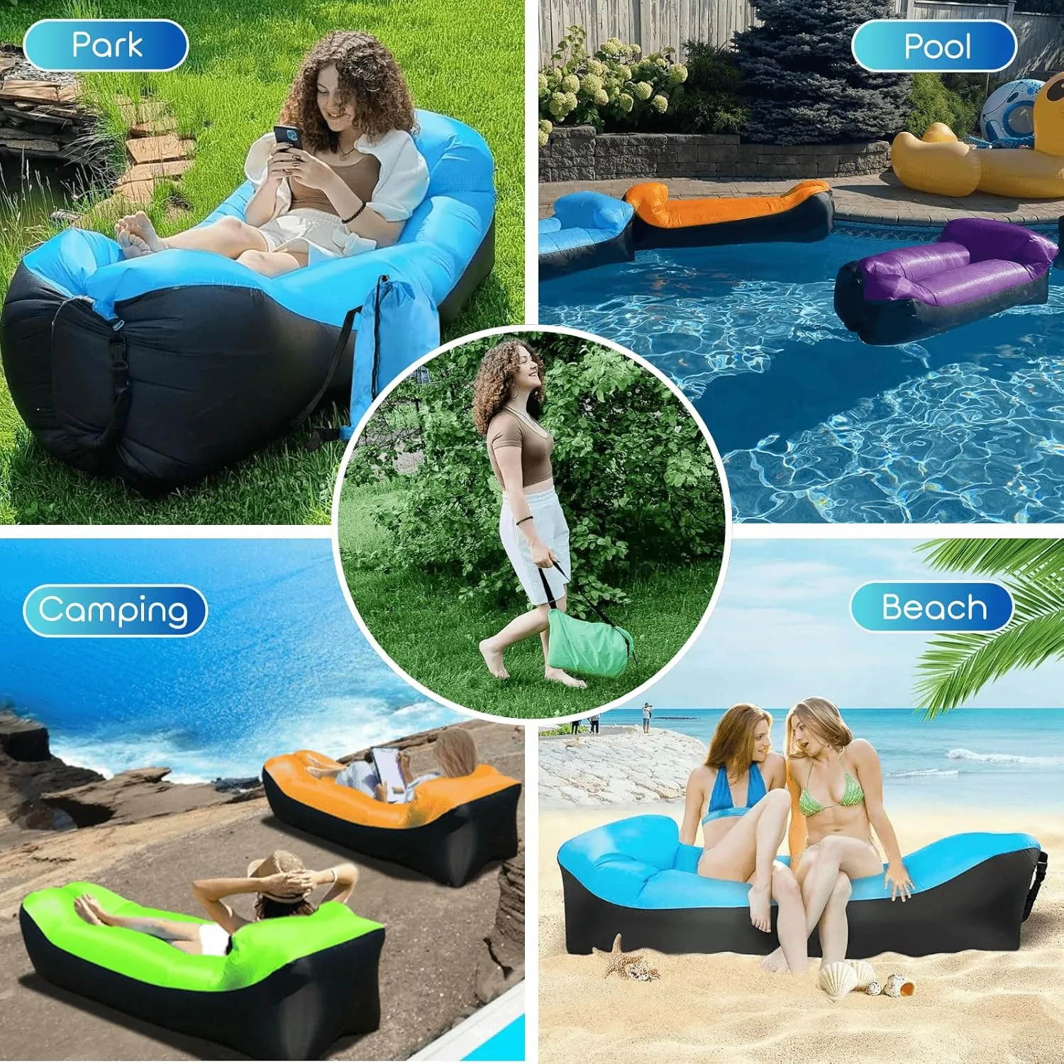 Inflatable Lounger Air Sofa Hammock, Inflatable Couch for Camping, Perfect for Beach Chair Waterproof Anti-Air Leaking Pouch Couch Air Chair for Outdoor, Beach, Hiking