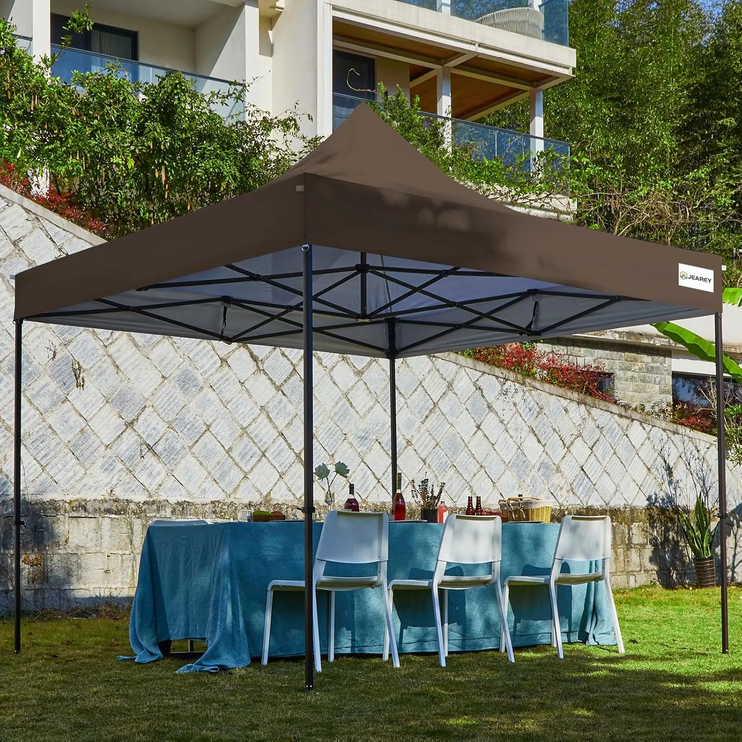 JEAREY 10x10ft Pop Up Canopy Tent, Sun Shelter Easy Up Canopy, Instant Portable Shelter with Wheeled Bag, 4 Sandbags for Parties, Outdoor - Brown