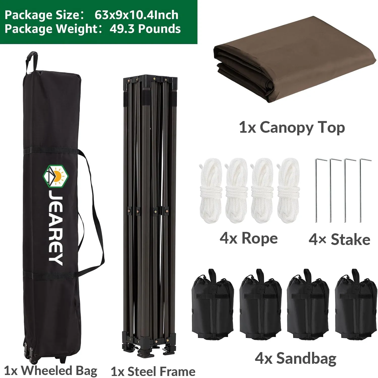 JEAREY 10x10ft Pop Up Canopy Tent, Sun Shelter Easy Up Canopy, Instant Portable Shelter with Wheeled Bag, 4 Sandbags for Parties, Outdoor - Brown