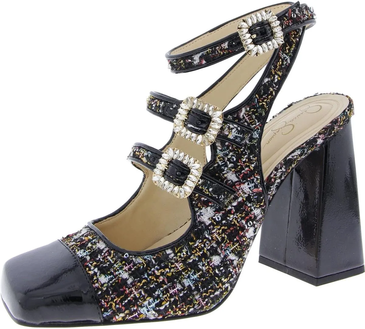 Jessica Simpson Womens Lymen Tweed Embellished Block Heels