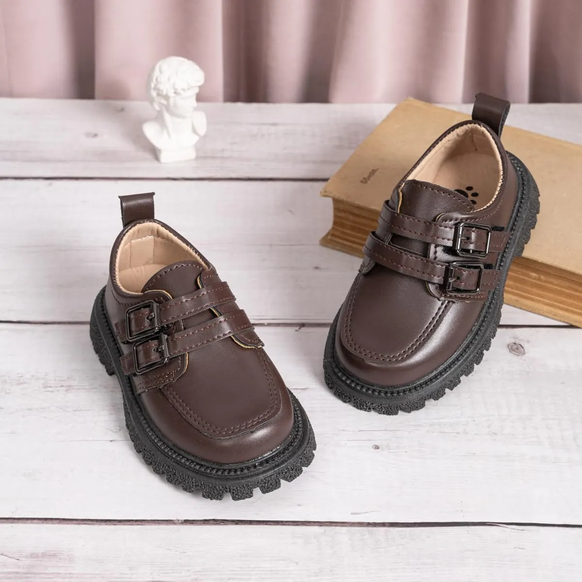 Kannior Boys Girls Oxford PU Leather Shoes Little Kid Wedding Dress Shoes Toddler Lace Up Non-Slip Texture Sole Loafer Flats Classic School Uniform Walking Shoes