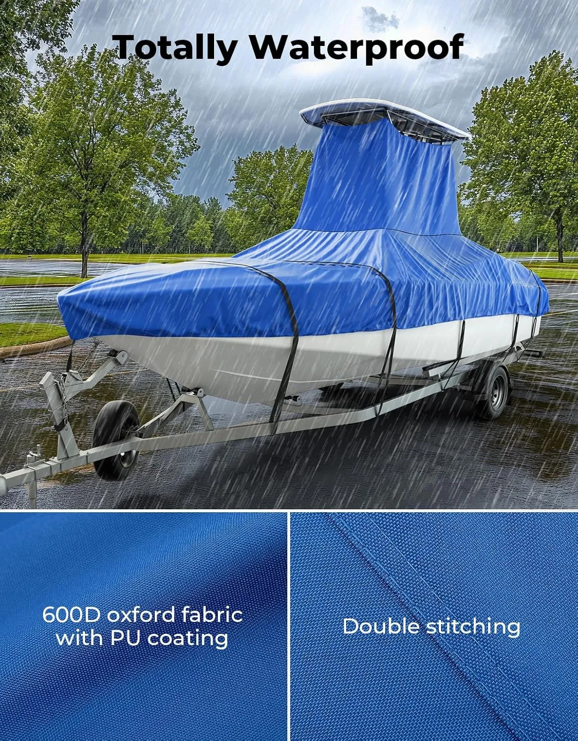 KEMIMOTO Heavy Duty 600D Oxford T-Top Boat Cover with PU Coating, Waterproof & Tear-Resistant for Center Console Boats, Fits 22-24 ft Length, Beam Width up to 116"