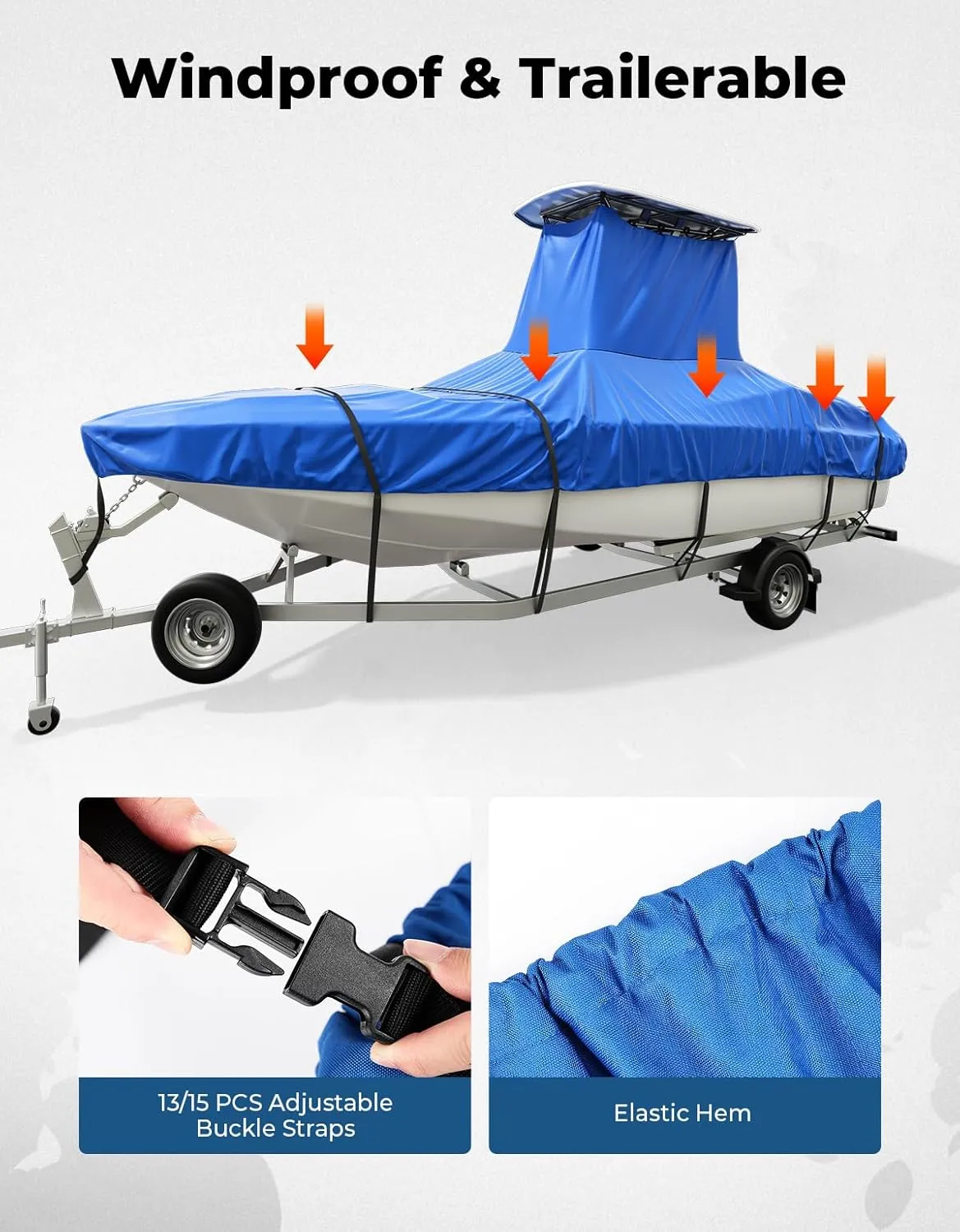 KEMIMOTO Heavy Duty 600D Oxford T-Top Boat Cover with PU Coating, Waterproof & Tear-Resistant for Center Console Boats, Fits 22-24 ft Length, Beam Width up to 116"