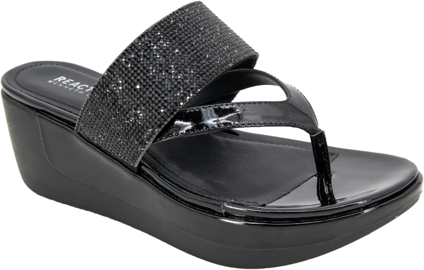 Kenneth Cole Reaction Women's Women's PEPEA Cross JWL Wedge Sandal, Black Elastic, 7.5