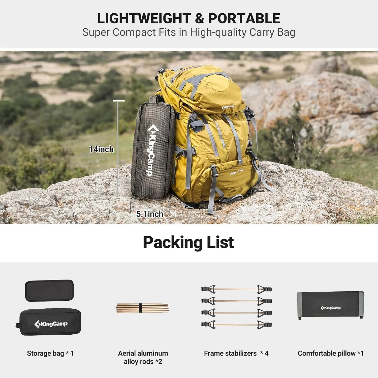 KingCamp Camping Cot, Folding Portable Heavy Duty Ultralight Cots for Adults Camping Tent Hiking Backpacking Mountaineering Travel Indoor Outdoor Indoor Base Camp with Pillow, Support 265 Lbs