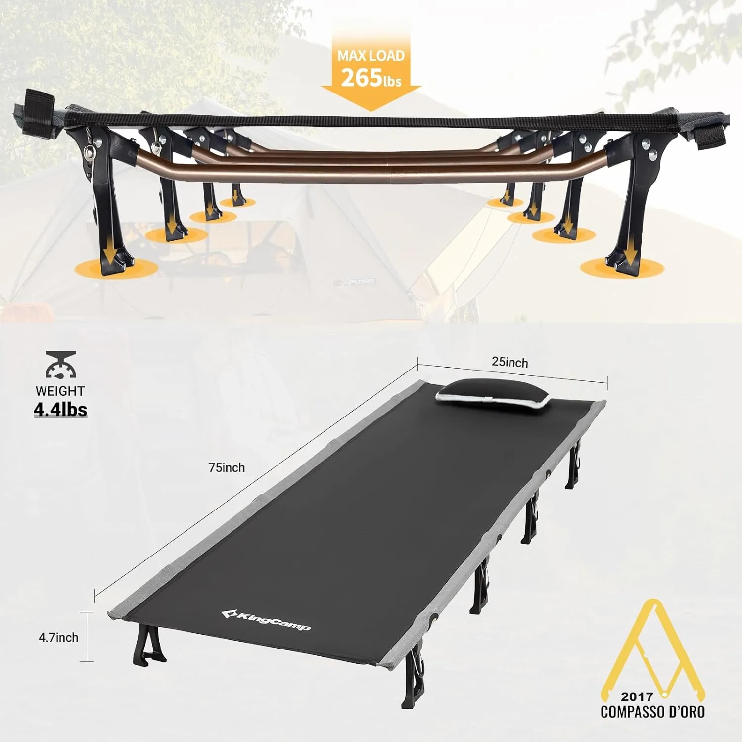 KingCamp Camping Cot, Folding Portable Heavy Duty Ultralight Cots for Adults Camping Tent Hiking Backpacking Mountaineering Travel Indoor Outdoor Indoor Base Camp with Pillow, Support 265 Lbs