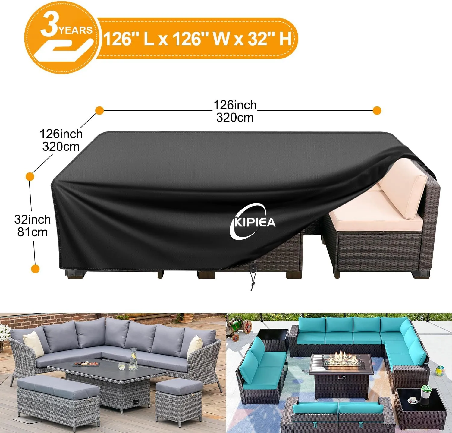 Kipiea Outdoor Furniture Covers Waterproof, 420D Heavy-Duty Patio Furniture Set Covers, No Tears Anti UV No Fading (126" L x 126" W x 32" H)